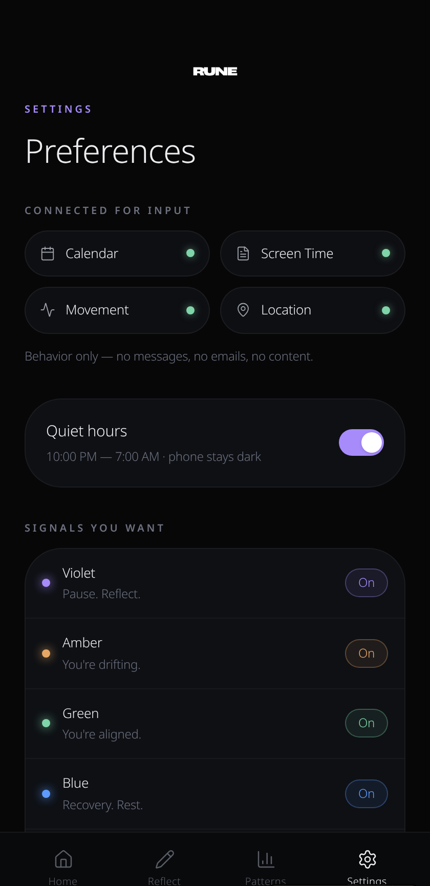 RUNE Signals screen